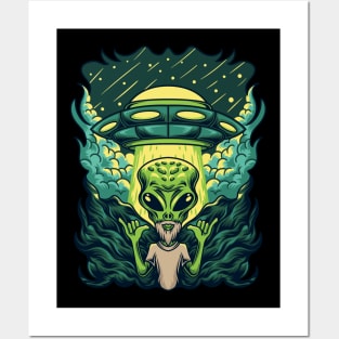 Bearded Hipster Surf Alien | Shaka Hang Loose Gesture UFO Posters and Art